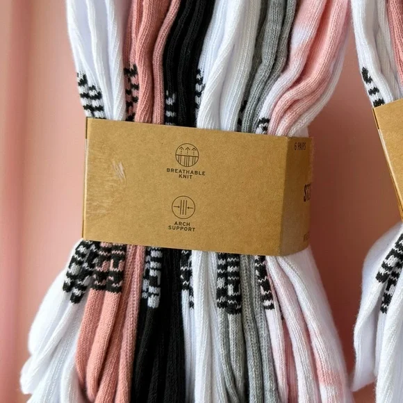 6 pair New Steve Madden Athletic Crew Cotton Rich Socks pink white black - Picture 2 of 3